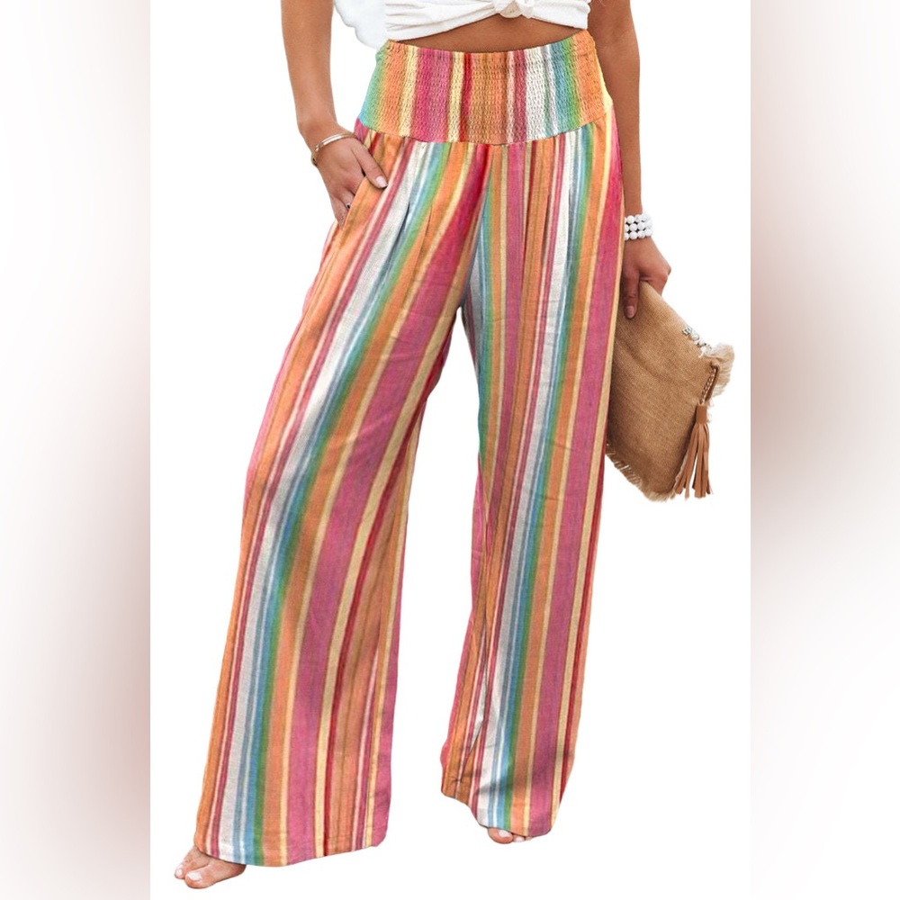 Multicolor Striped Smocked High Waist Wide Leg Pants - Picture 3 of 3